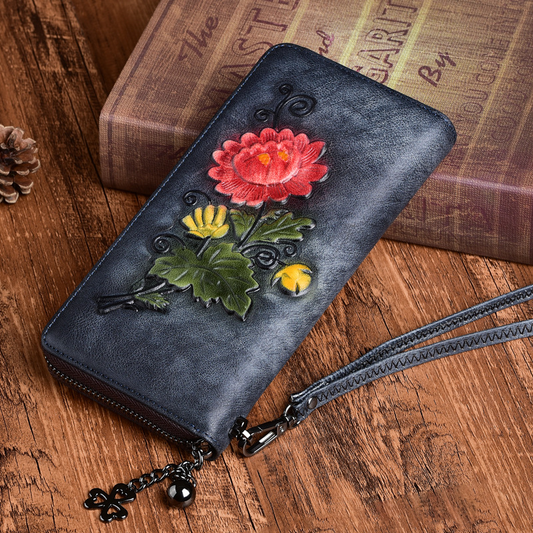 Klassische Leder Geldbörse mit Floralem Präge-Muster