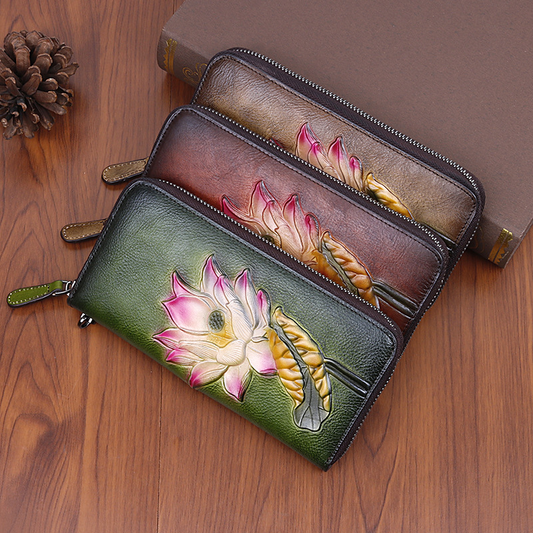 Retro Blumen Prägung Geldbörse für Damen – Große Kapazität mit Kartenfächern